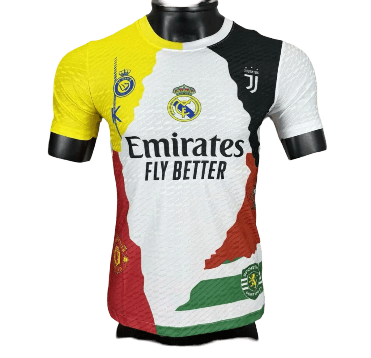 Cristiano Ronaldo All Club Mix Jersey featuring Real Madrid, Juventus, and Al Nassr.