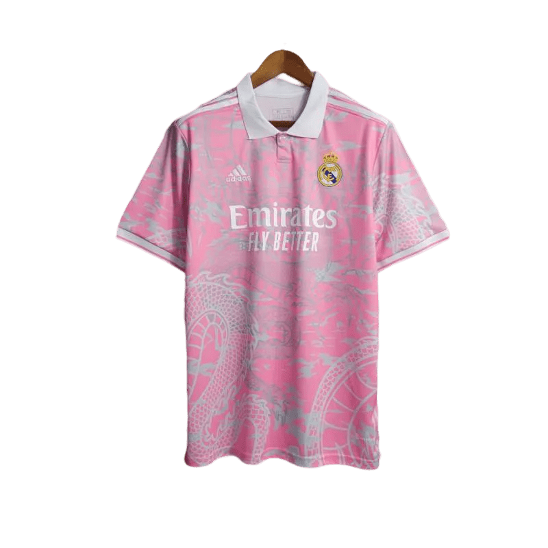 Real Madrid Pink Dragon Jersey displaying special edition with vibrant dragon embroidery on captivating pink base and exclusive real madrid pink jersey fashion design