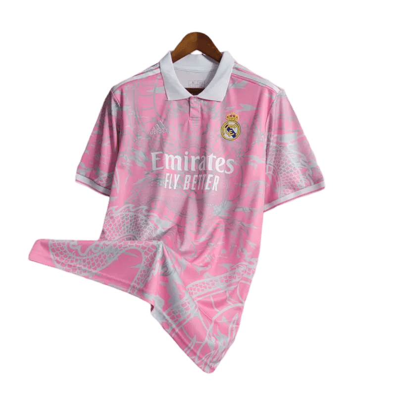Jersey real madrid dragon pink edition close-up showing dynamic dragon motifs with premium pink construction and vibrant cultural styling