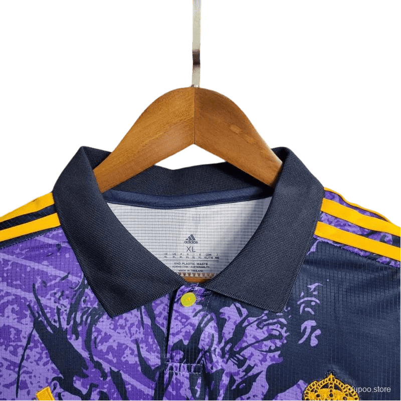 Limited Edition Real Madrid Jersey Purple Dragon Design, a collector’s Special Edition Jersey with premium embroidery and high-quality details, available now at GoatKits Store.