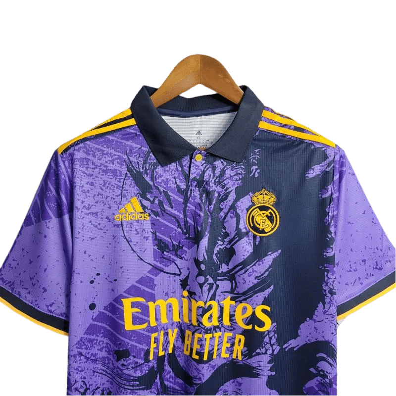 Special Edition Real Madrid Purple Dragon Kit featuring detailed dragon design Real Madrid shirt, crafted with breathable, moisture-wicking material for superior performance.