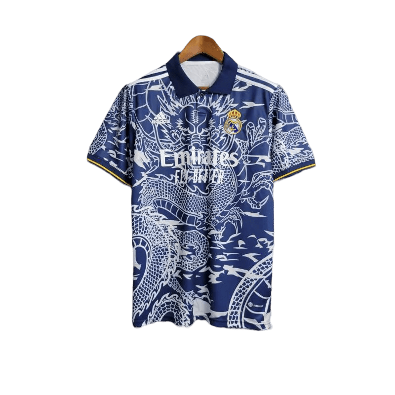 2024 Real Madrid Dragon Jersey - Special Edition Blue Kit featuring a bold dragon design, available at GoatKits Store. A must-have Real Madrid Dragon Kit for collectors.