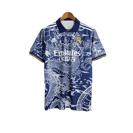 2024 Real Madrid Dragon Jersey - Special Edition Blue Kit featuring a bold dragon design, available at GoatKits Store. A must-have Real Madrid Dragon Kit for collectors.