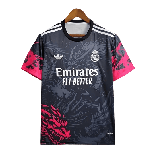 2025 Real Madrid Black & Red Dragon Limited Edition Jersey Shirt, featuring the iconic Real Madrid Dragon Kit, available at GoatKits Store.