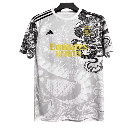 2025 Real Madrid White Dragon Limited Edition Jersey Shirt, featuring the iconic Real Madrid Dragon Kit design, available at GoatKits Store.