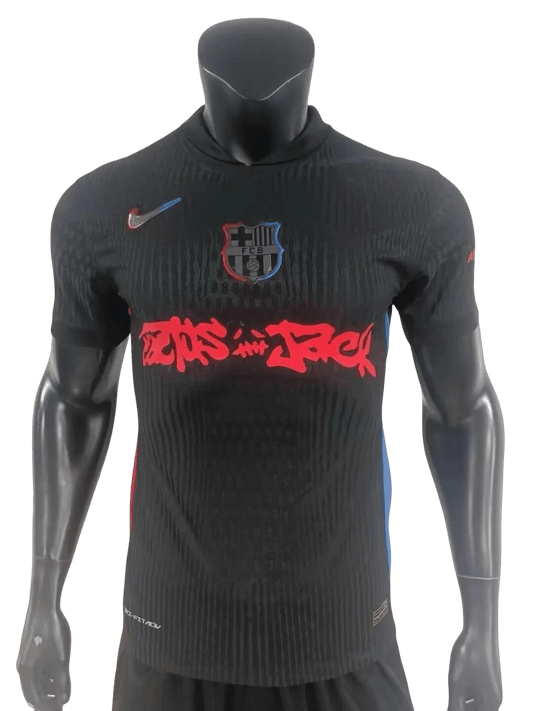 Barcelona Travis Scott Black Jersey Player Version displaying sleek away kit design with Cactus Jack logo placement and official travis scott barcelona jersey professional construction