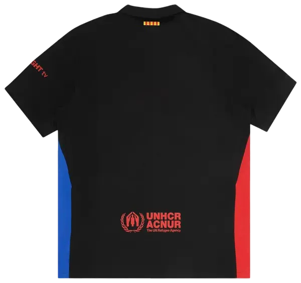 Barcelona travis scott jersey close-up showing embroidered Cactus Jack branding on black base with relaxed away kit and premium barcelona x travis scott jersey suppor