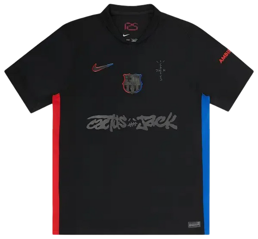 Barcelona Travis Scott Black Jersey Fan Version displaying comfortable supporter fit with Cactus Jack logo and authentic travis scott barcelona jersey fan constructio