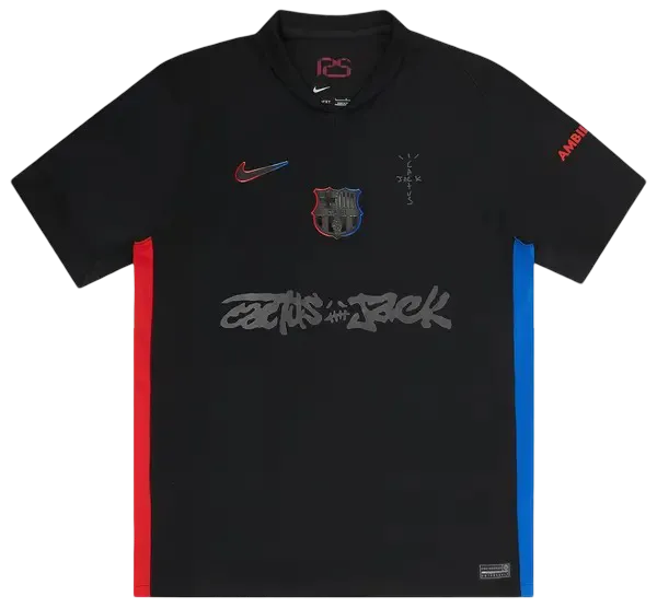 Barcelona Travis Scott Black Jersey Fan Version displaying comfortable supporter fit with Cactus Jack logo and authentic travis scott barcelona jersey fan constructio