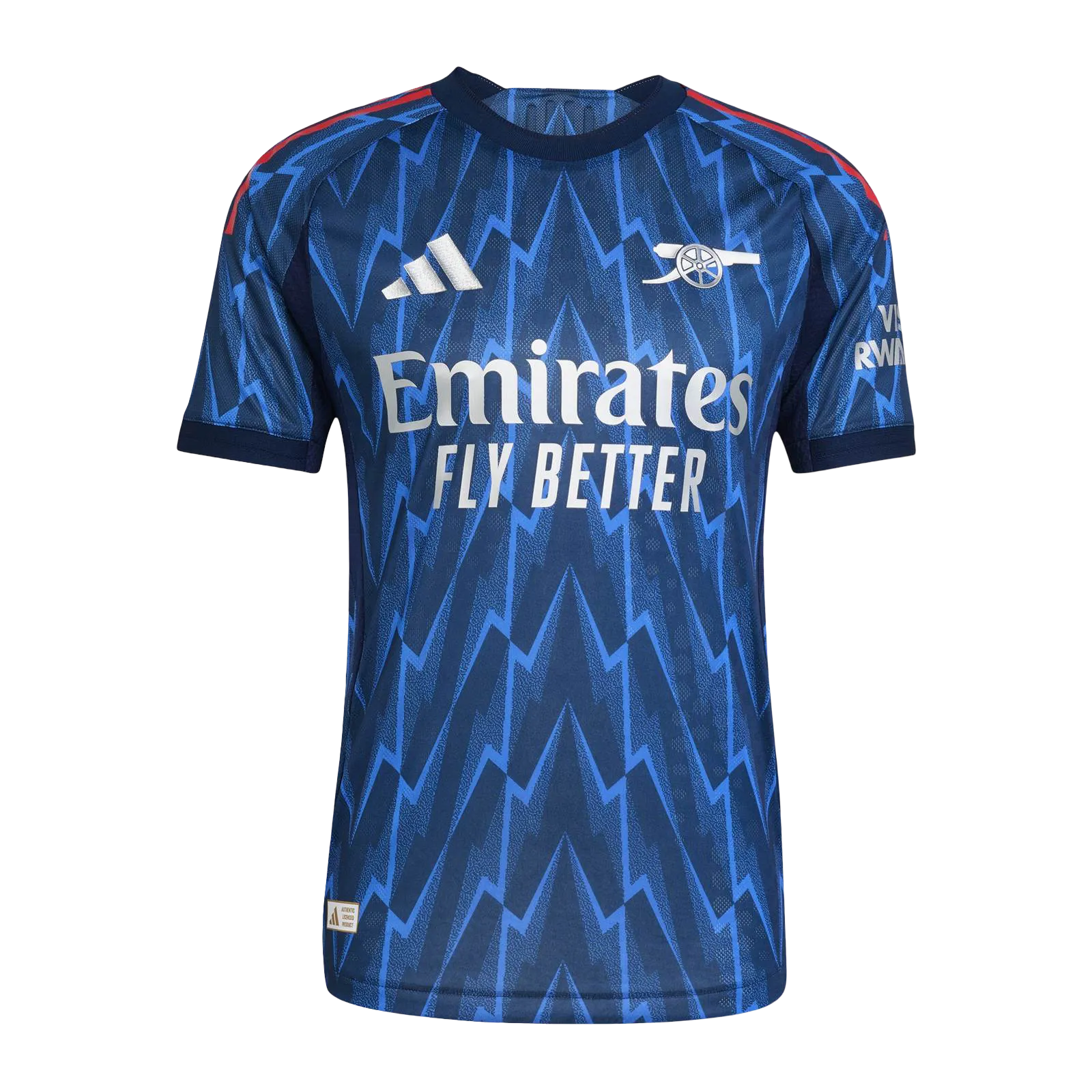 Fan wearing Arsenal Away Jersey 25/26 Fan Version blue lightning bolt pattern Goatkits Store
