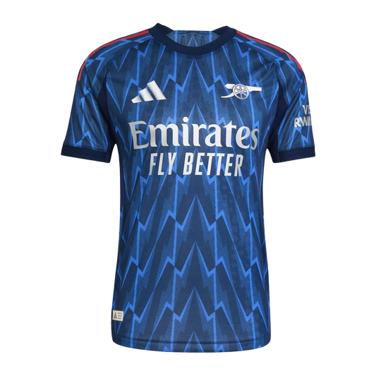 Fan wearing Arsenal Away Jersey 25/26 Fan Version blue lightning bolt pattern Goatkits Store