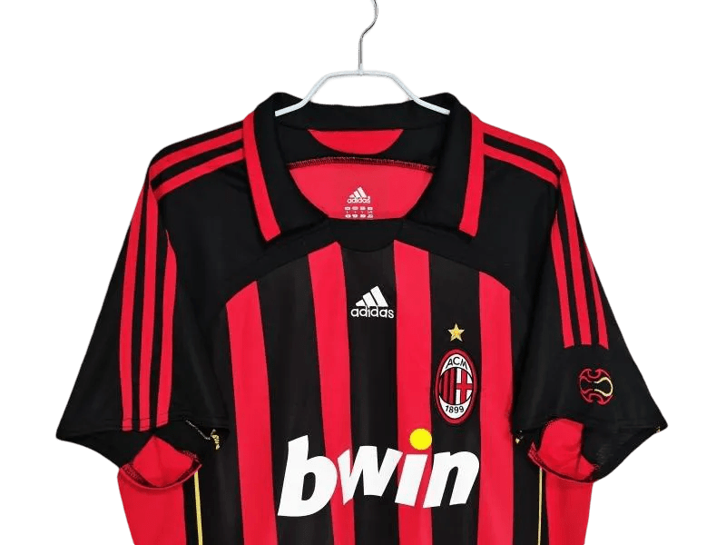 Vintage AC Milan shirt 2007 collar detail Adidas logo bwin sponsor authentic retro football jersey close-up