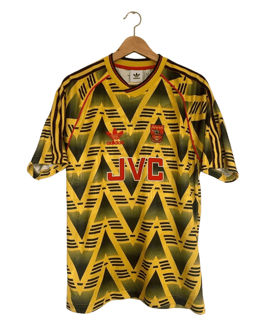 Arsenal retro kit 1991-93 Bruised Banana iconic yellow zigzag pattern JVC sponsor vintage football shirt Adidas