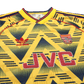 Arsenal Bruised Banana collar detail JVC sponsor red black trim Adidas trefoil logo vintage jersey close-up authentic