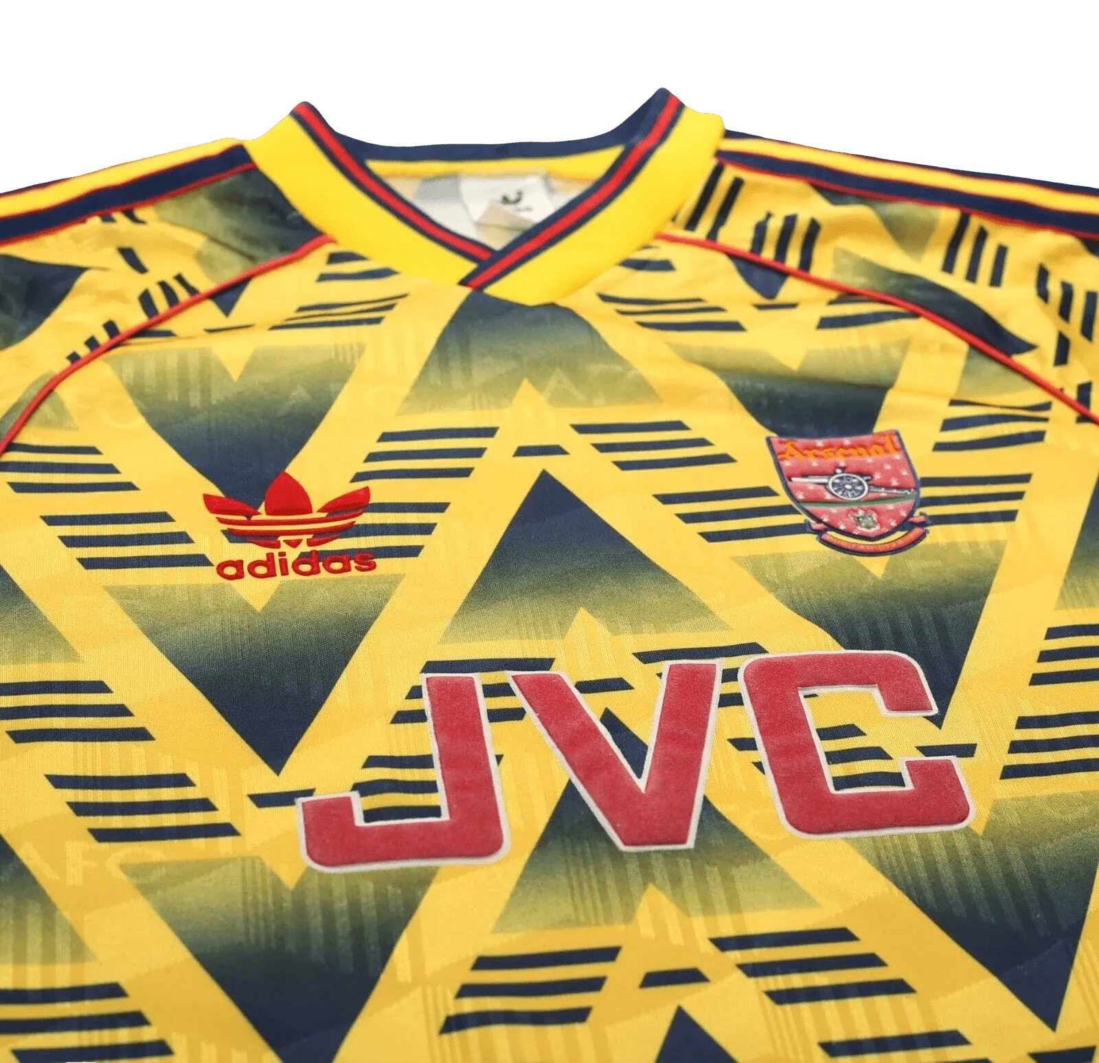 Arsenal Bruised Banana collar detail JVC sponsor red black trim Adidas trefoil logo vintage jersey close-up authentic