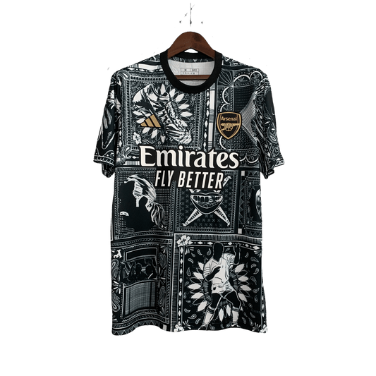 Fan wearing Arsenal Black Kit 2023/24 Limited Edition graphic design pattern Goatkits Store