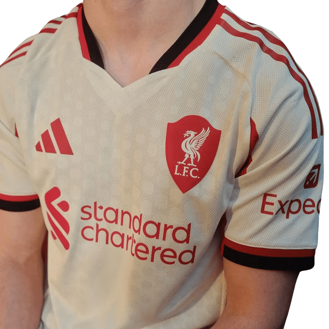 Fan wearing Liverpool Away Kit 2025/26 Wonder White contemporary style Goatkits Store