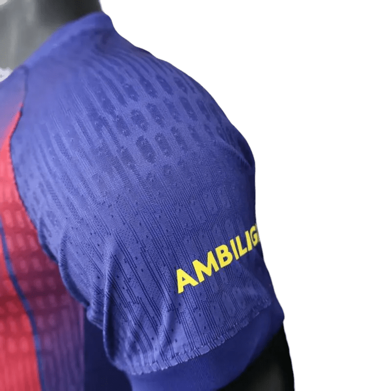 Fc barcelona jersey featuring Catalan Senyera flag detailing with yellow gold accent logos and barcelona blaugrana jersey professional player-grade construction