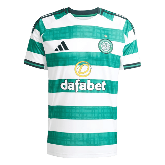 Fan wearing New Celtic Home Kit 2025/26 fan version tartan hoops Goatkits Store