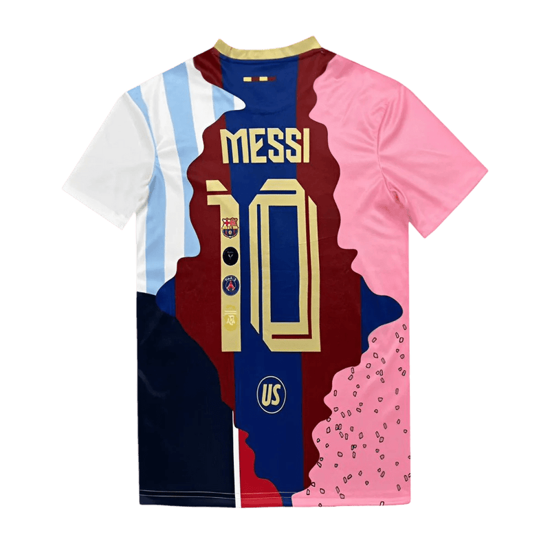 Messi argentina jersey back displaying Lionel Messi number 10 print with all club logos mix design featuring career timeline graphics
