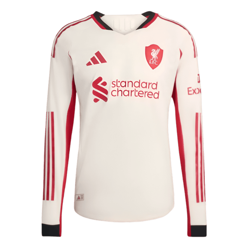 Liverpool away kit 2025/26 long sleeve wonder white Adidas Standard Chartered authentic quality front view