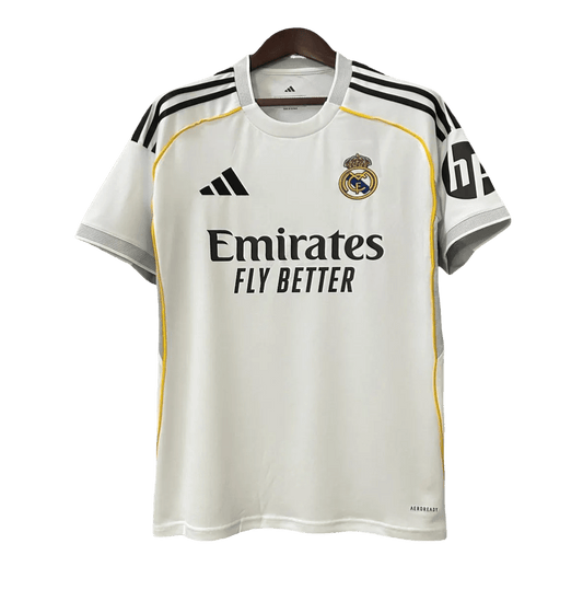 Real Madrid Jersey 25/26 Fan Version displaying comfortable relaxed fit with embroidered badges perfect for casual supporters and everyday wear