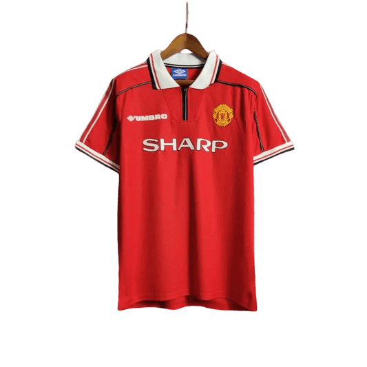 Vintage Manchester United jersey 1999 Treble winning kit Sharp sponsor Umbro red zip collar retro football shirt