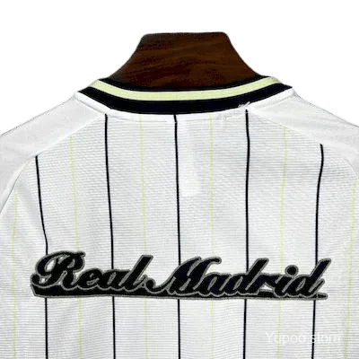 Real Madrid US Pack shirt front button closure detail displaying professional baseball style construction with authentic Real Madrid crest placement