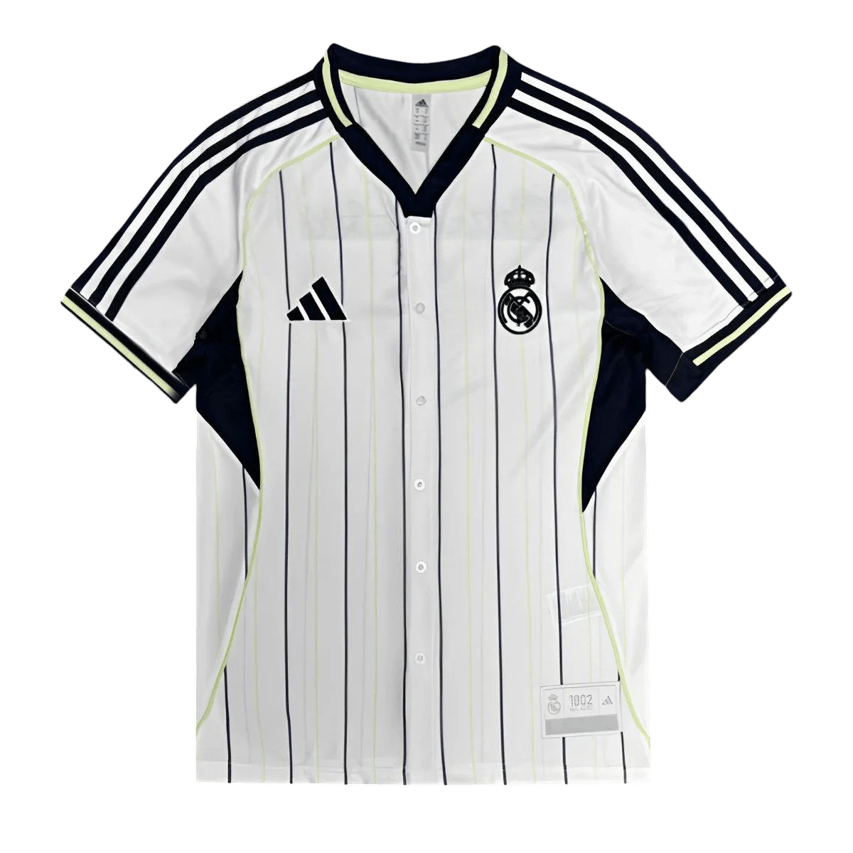 Real Madrid US Pack Baseball Shirt 2025/26 displaying white pinstripe design with button-up front closure and authentic Adidas three stripes