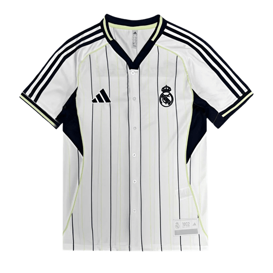 Real Madrid US Pack Baseball Shirt 2025/26 displaying white pinstripe design with button-up front closure and authentic Adidas three stripes