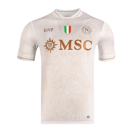 Fan wearing Napoli jersey away fan version 2025/26 Sand EA7 cultural symbols Goatkits Store